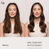 Vergleichsbild einer Frau vor und nach der Verwendung von Living Proof No Frizz Smooth Styling Spray; Haar auf dem „Nachher“-Foto deutlich glatter und glänzender.