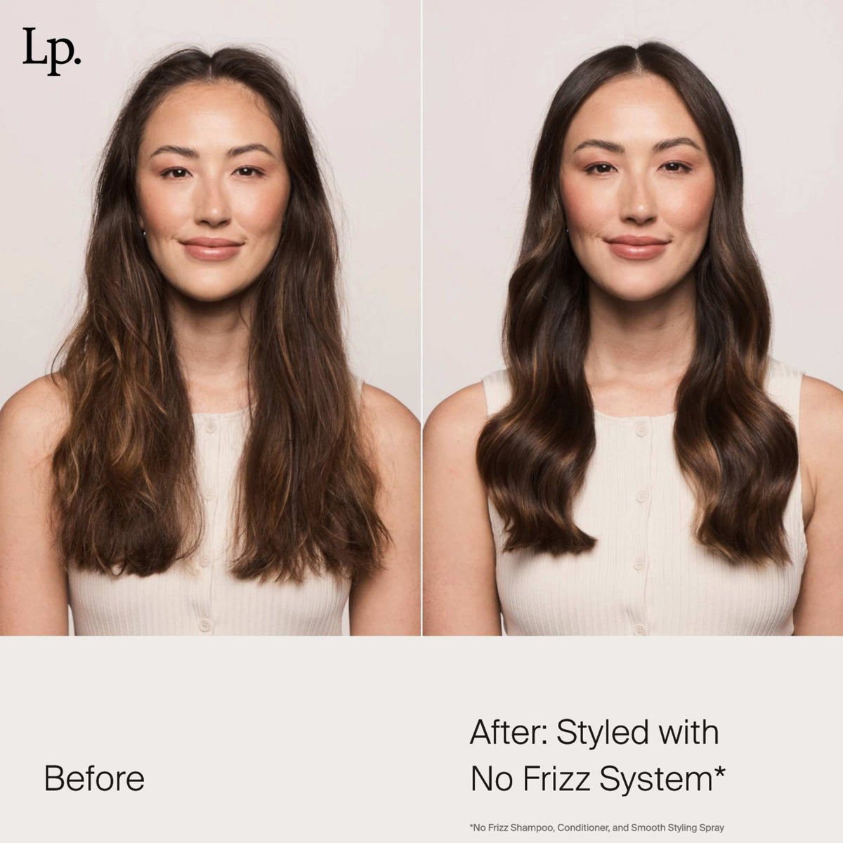 Vergleichsbild einer Frau vor und nach der Verwendung von Living Proof No Frizz Smooth Styling Spray; Haar auf dem „Nachher“-Foto deutlich glatter und glänzender.