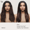 Nebeneinander einer Frau mit krausem Haar vor und nach der Anwendung von Living Proof Perfect Hair Day Healthy Hair Perfector mit glattem, glänzendem Haar.