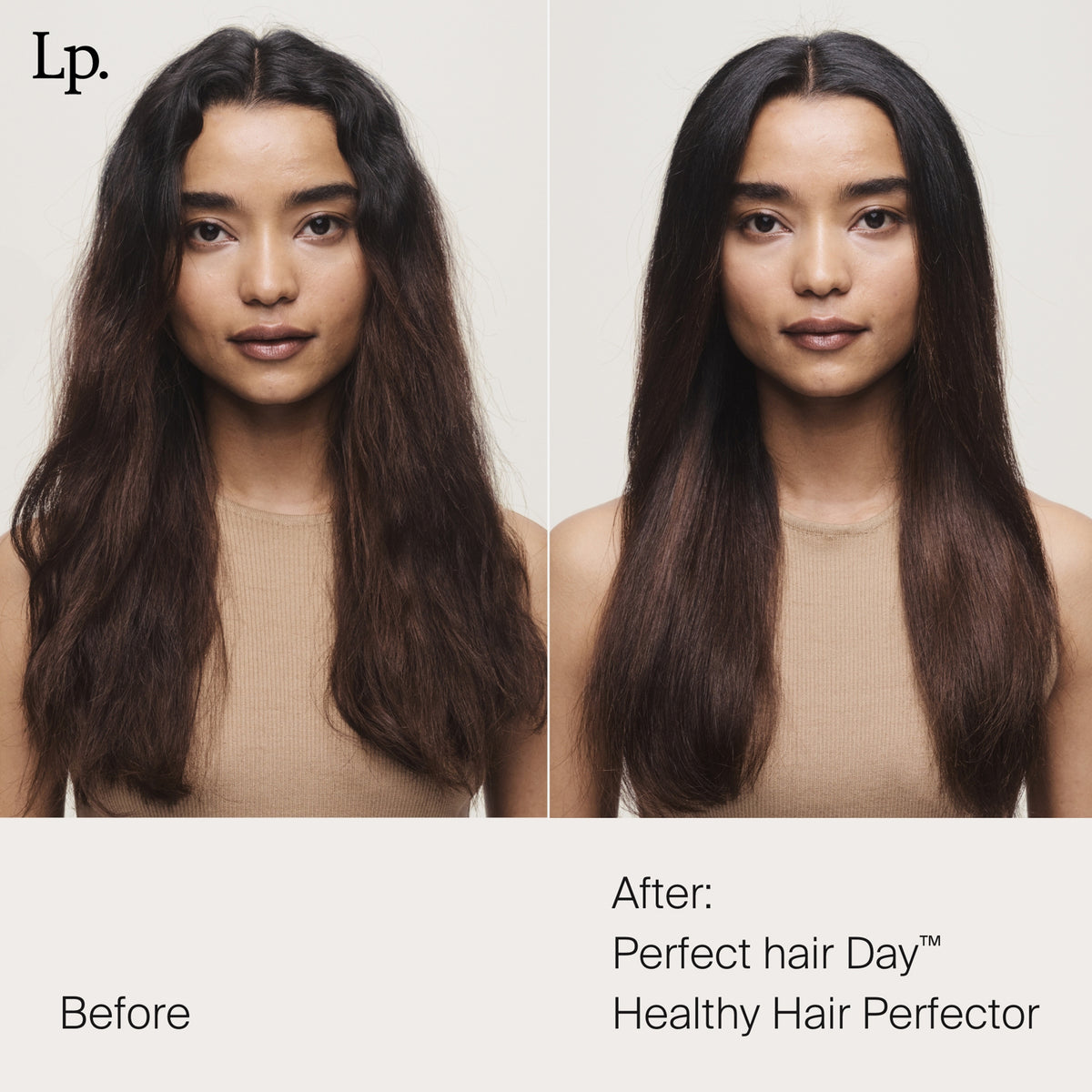 Nebeneinander einer Frau mit krausem Haar vor und nach der Anwendung von Living Proof Perfect Hair Day Healthy Hair Perfector mit glattem, glänzendem Haar.