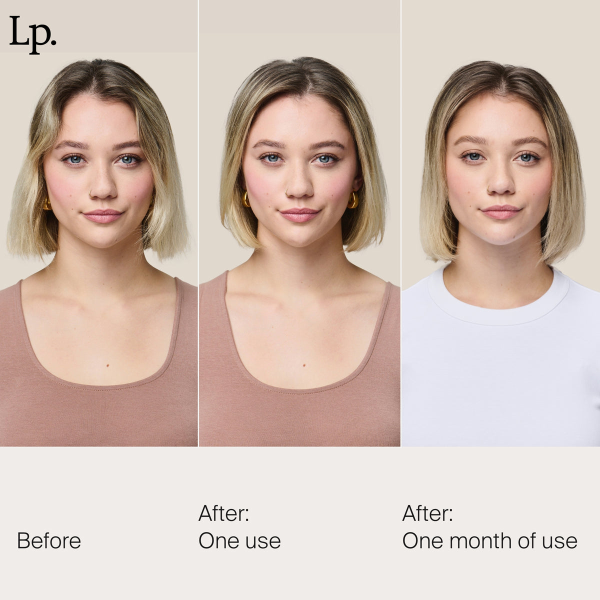 Drei nebeneinander stehende Fotos einer Frau: vor, nach einer Anwendung und nach einem Monat der Verwendung der Living Proof Restore Repair Mask.