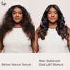 Nebeneinander einer Frau: links mit natürlichem, krausem Haar; rechts mit welligem, voluminösem, gestyltem Haar nach der Verwendung von Living Proof Style Lab Blowout.