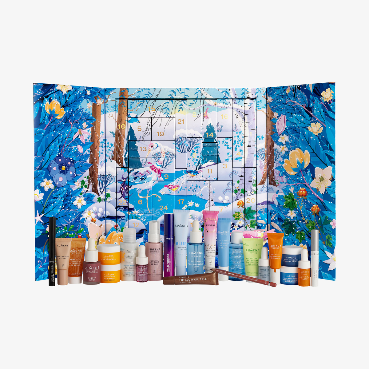 Der Lumene NORDIC BEAUTY CALENDER 2026 verfügt über nummerierte Türchen, hinter denen sich Hautpflege- und Make-up-Highlights verbergen.