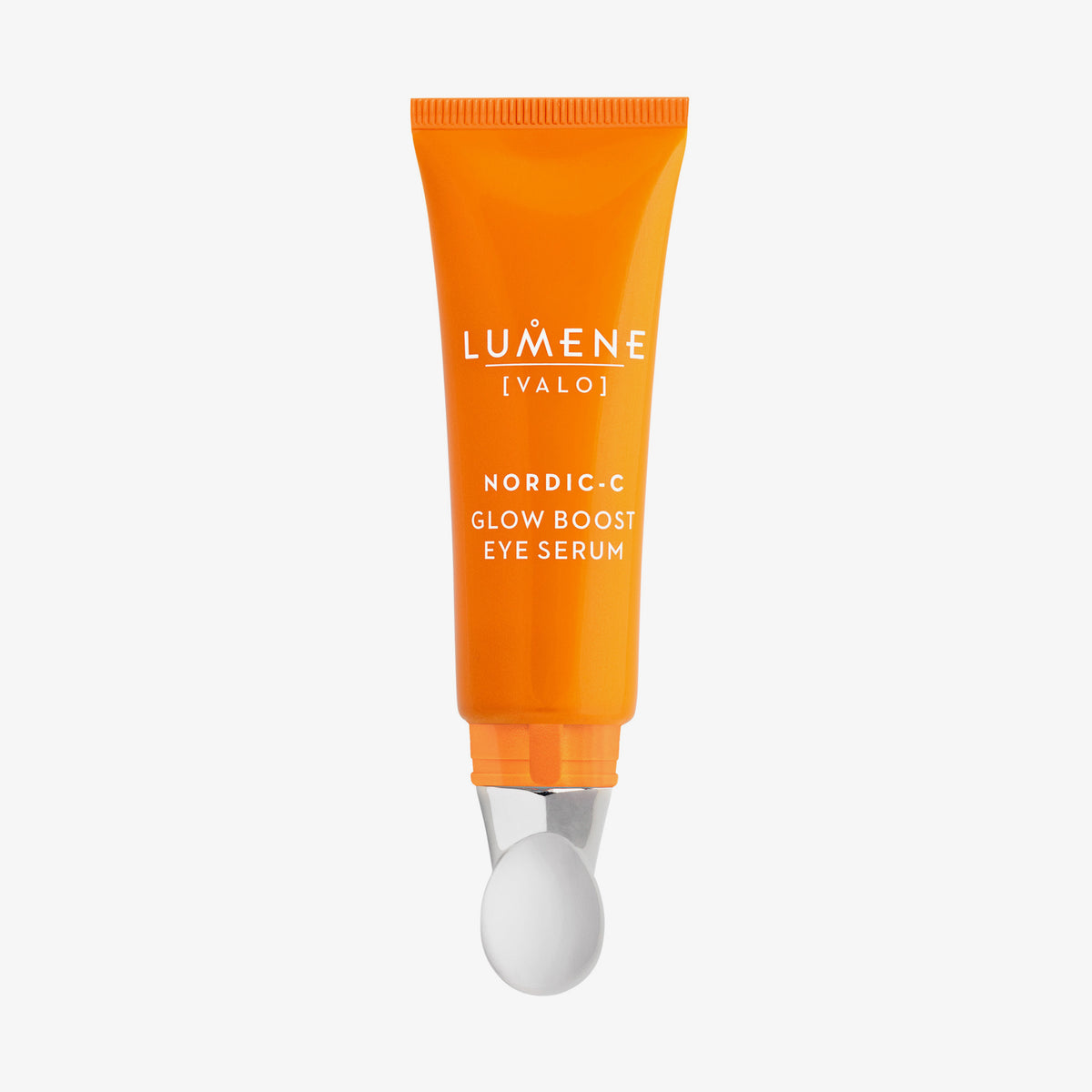 Orange Tube Lumene NORDIC-C [VALO] Glow Boost Eye Serum mit einem silbernen Roller-Applikator.