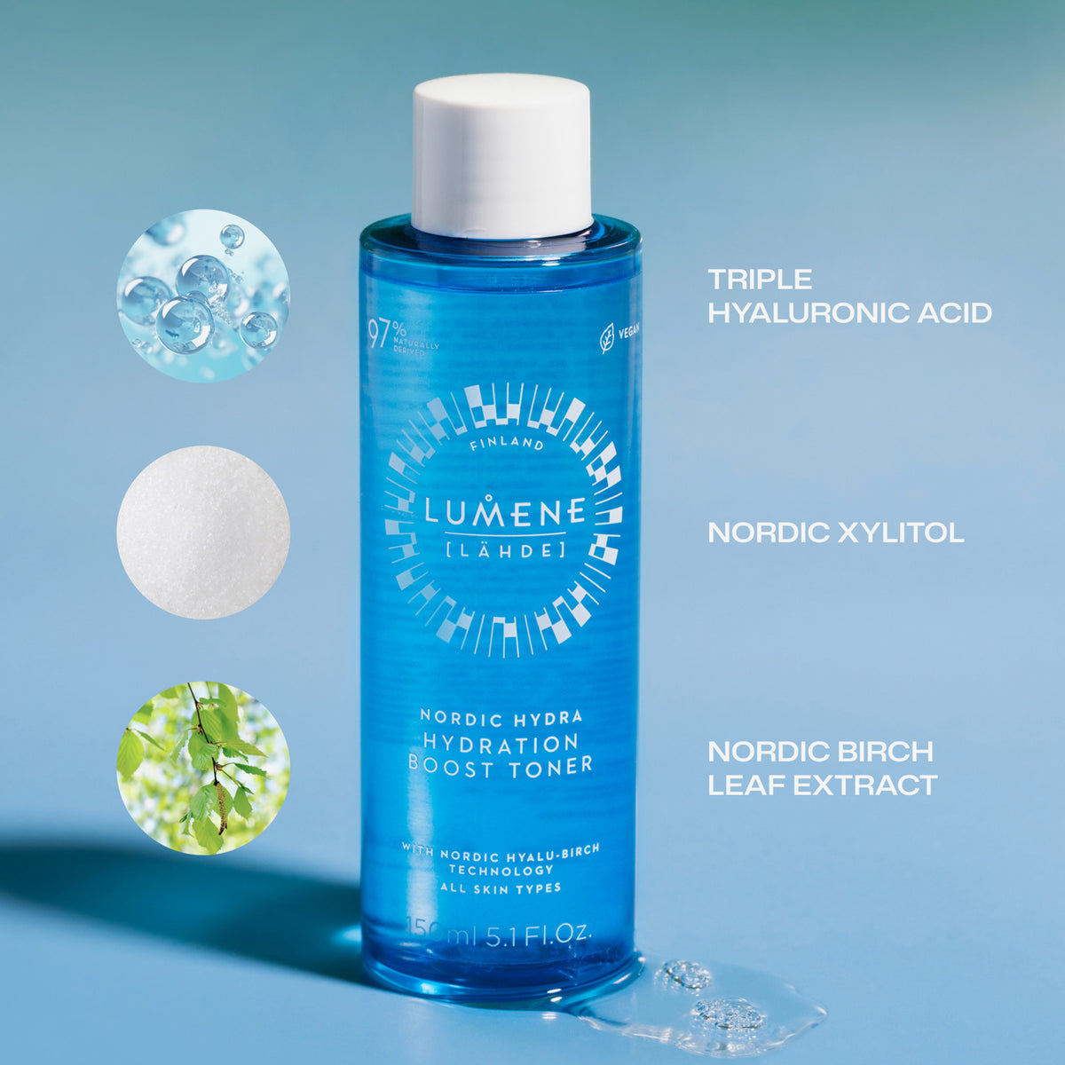 Blaue Flasche Lumene Nordic Hydra [LÄHDE] Hydration Boost Toner mit Hyaluronsäure, Xylitol und Birkenblattextrakt vor blauem Hintergrund.
