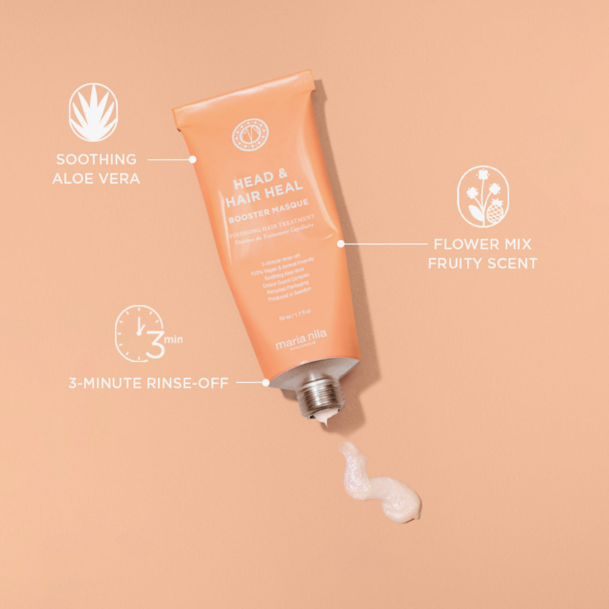 Pfirsichfarbene Tube von maria nila Booster Masque Head & Heal mit Creme, und beschrifteten Vorteilen und Inhaltsstoffen.