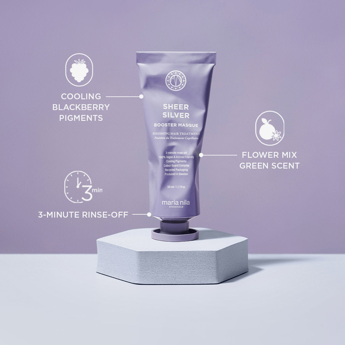 Eine violette Tube maria nila Booster Masque Sheer Silver wird auf einem Podest präsentiert, umgeben von hervorgehobenen Hauptmerkmalen.