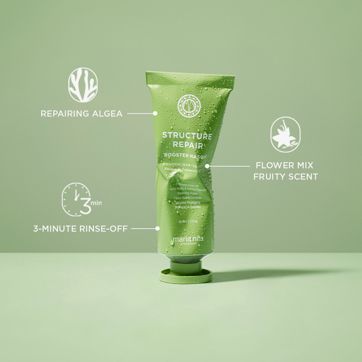 Die grüne Tube der maria nila Booster Masque Structure Repair umgeben von Produktmerkmalen.
