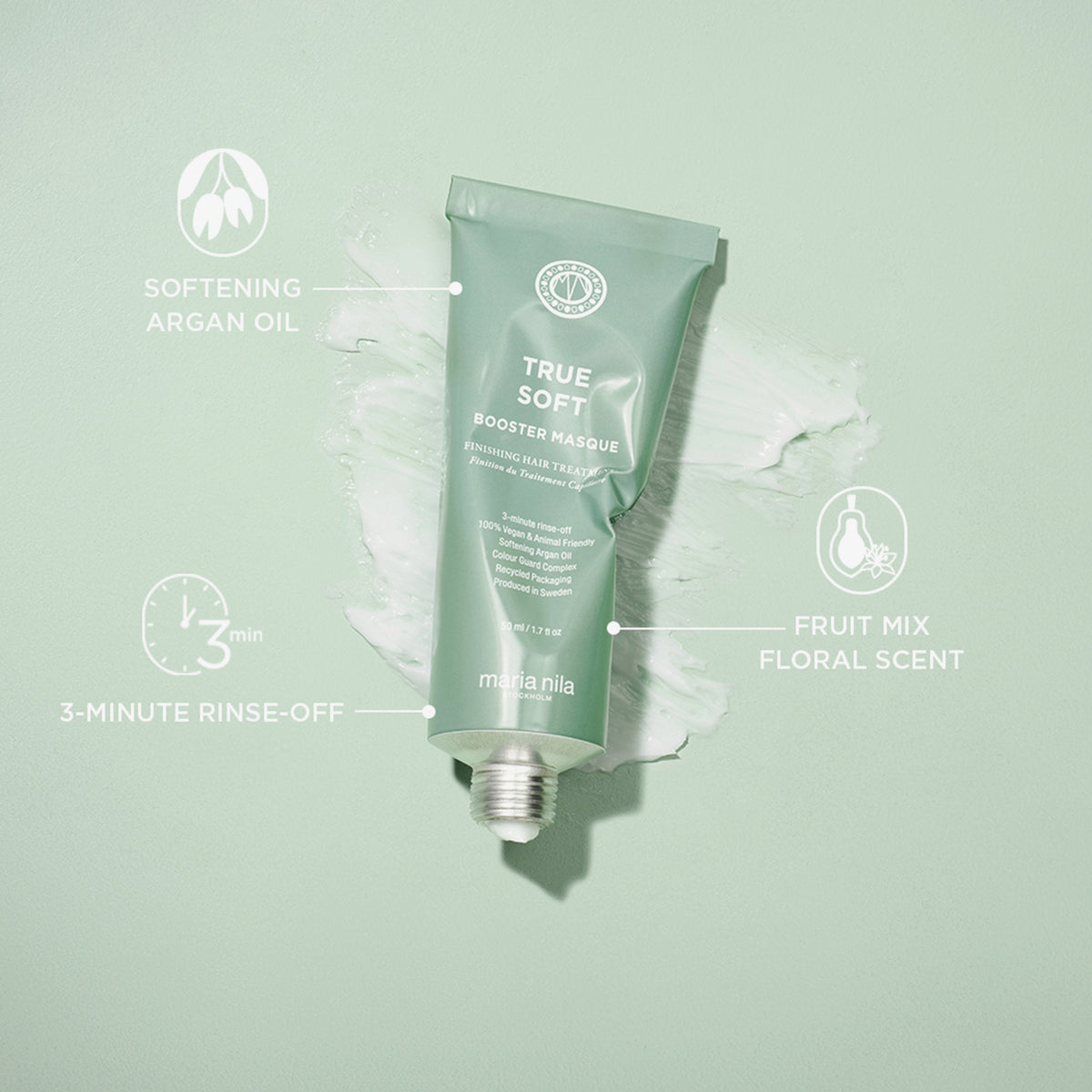 Gequtschte Tube der Booster Masque True Soft von maria nila auf einem hellgrünen Hintergrund umgeben von Produktvorteilen.