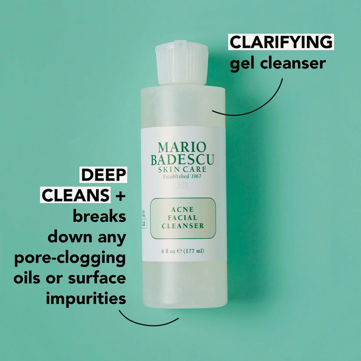 Mario Badescu Acne Facial Cleanser auf mintgrünem Hintergrund; klärendes Reinigungsgel zur Tiefenreinigung und Entfernung von Öl und Unreinheiten.