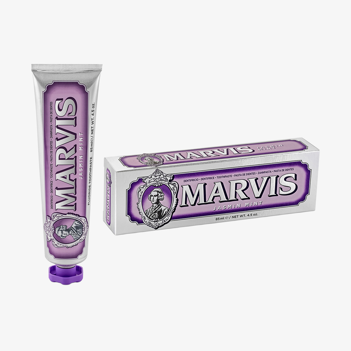 Eine Tube und eine Schachtel Marvis Zahnpasta Jasmin Mint mit violetten Akzenten und einer Verpackung im Vintage-Stil.