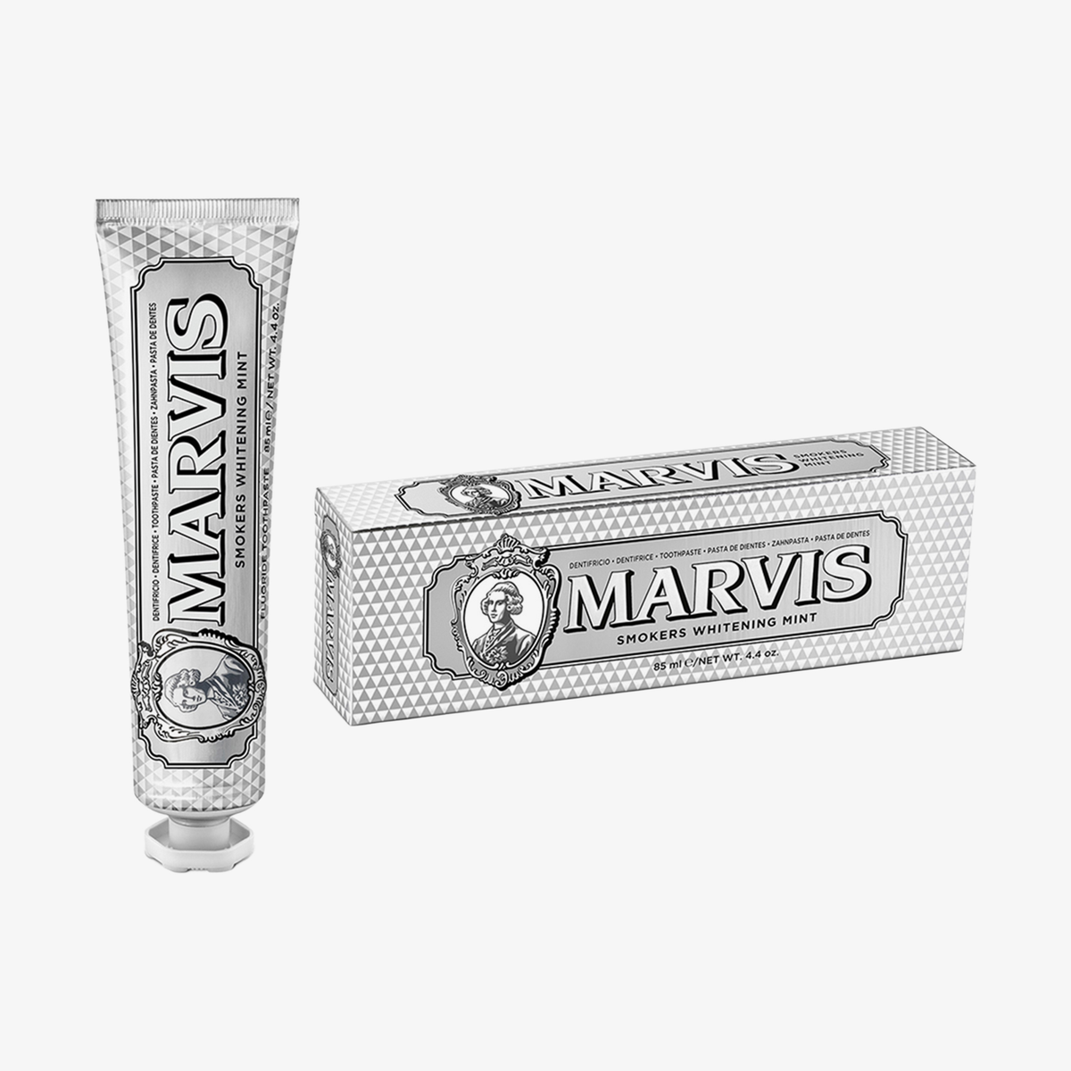 Marvis Zahnpasta Smokers Whitening Mint Zahnpasta und Schachtel auf einem weißen Hintergrund.