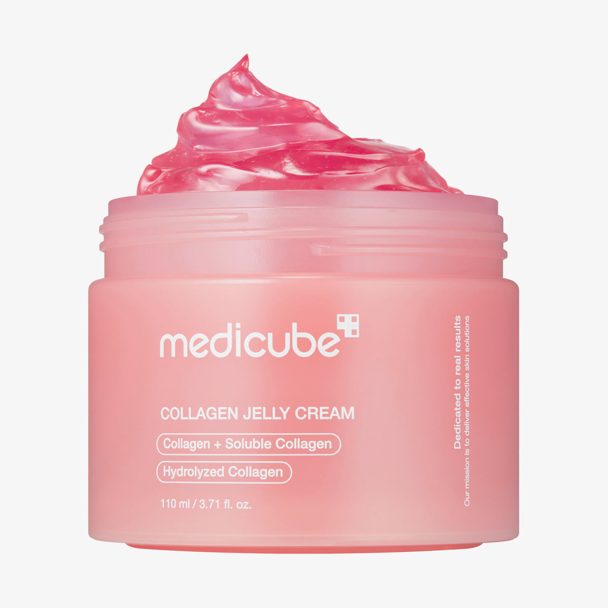 Rosa Tiegel der medicube Collagen Jelly Cream mit pinkem Produkt vor weißem Hintergrund.