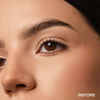 Nahaufnahme eines weiblichen Auges und einer Augenbraue mit glatter Haut, beschriftet BEFORE, mit Mesauda Beauty Femuline™ Brownie.