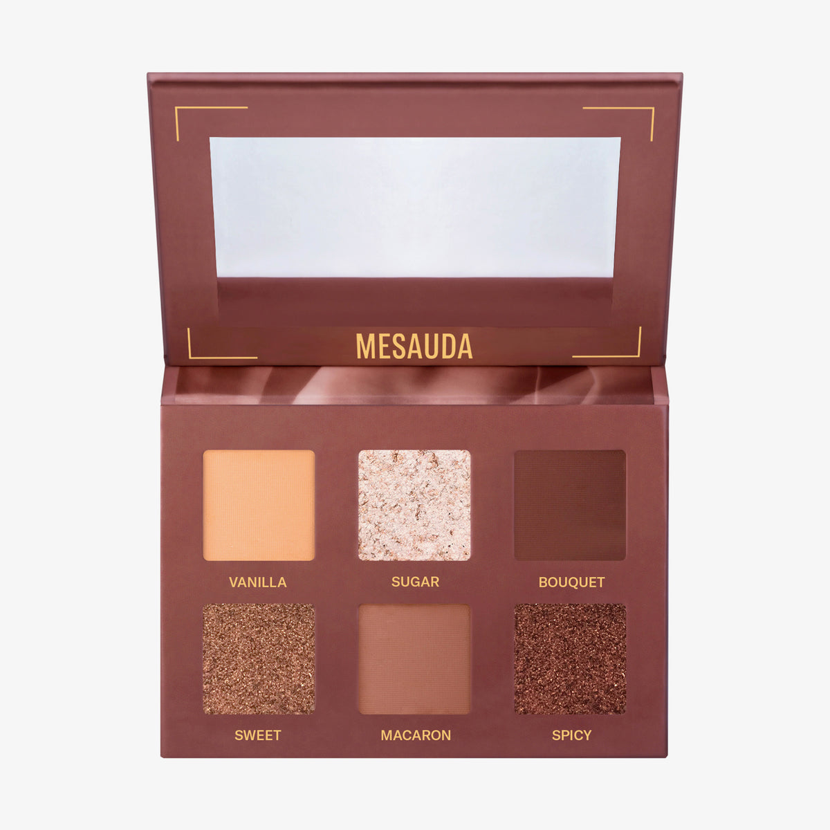 Die geöffnete Mesauda Beauty Bare Harmony 3.0 Lidschattenpalette mit sechs Farbtönen und Spiegel im Deckel.