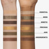 Zwei Arme zeigen sechs Mesauda Beauty Bare Harmony 3.0 Lidschattenproben: Essential, Moss, Mimetic, Precious, Jade und Undergrowth.
