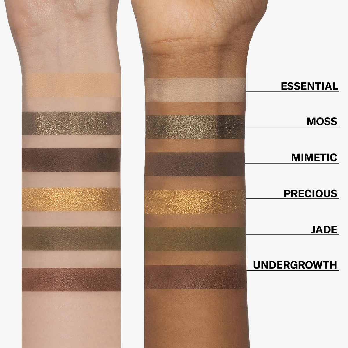 Zwei Arme zeigen sechs Mesauda Beauty Bare Harmony 3.0 Lidschattenproben: Essential, Moss, Mimetic, Precious, Jade und Undergrowth.