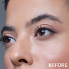 Nahaufnahme des Gesichts einer Person mit natürlicher Haut und Augenbrauen, mit "BEFORE" in der Ecke, das die Brauen vor der Anwendung von Mesauda Beauty Brow a Spell hervorhebt.
