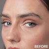 Nahaufnahme des Gesichts einer Frau mit vollen Augenbrauen, unten rechts mit BEFORE beschriftet, bevor sie Brow a Spell von Mesauda Beauty verwendet.