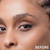 Nahaufnahme eines Frauengesichts mit natürlichem Make-up und sichtbaren Augenbrauen, beschriftet BEFORE, mit dem Brow Glaminate - 101 Clear von Mesauda Beauty.