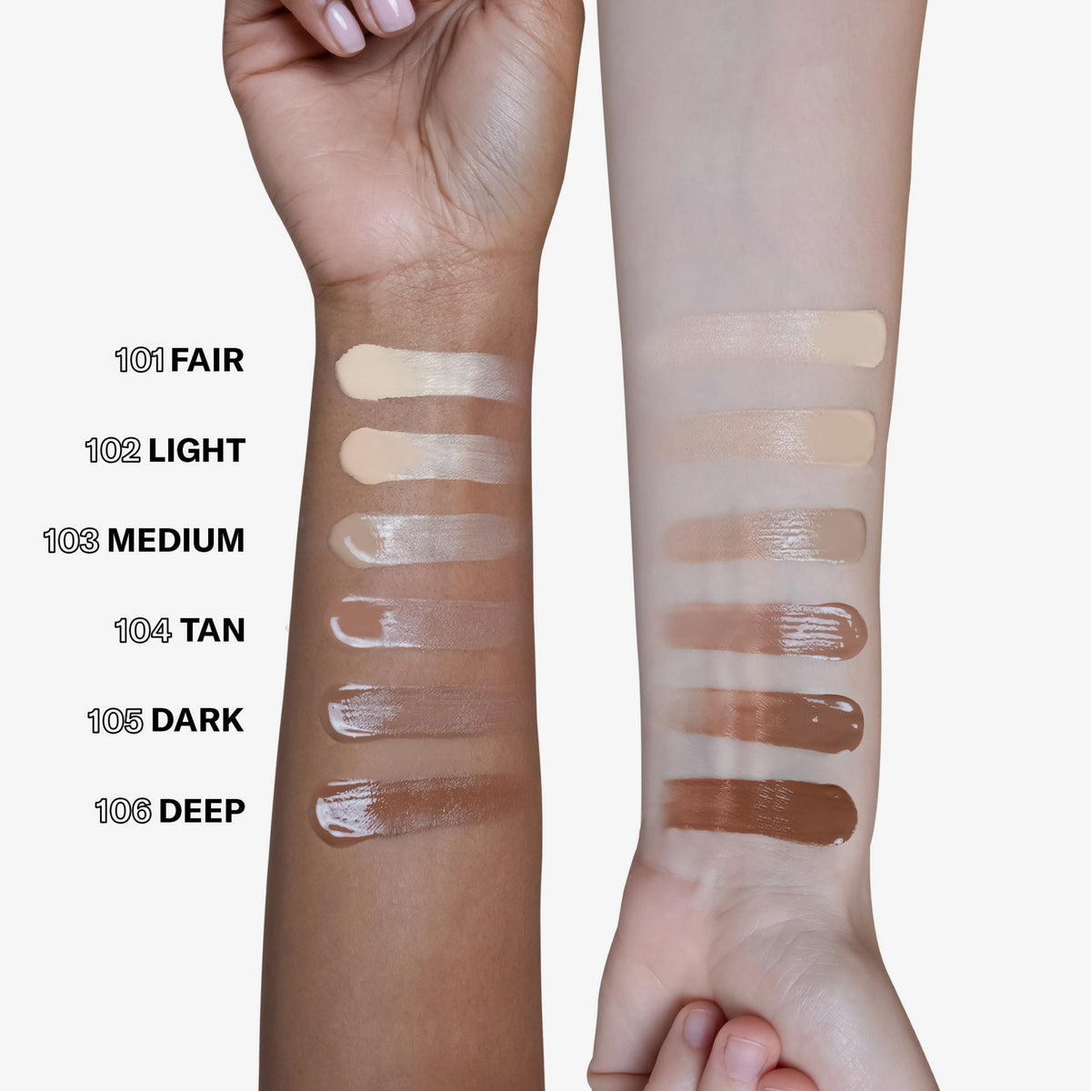 Zwei Arme mit sechs Mustern der Dew Shield Foundation von Mesauda Beauty - daneben die Farbbezeichnungen.