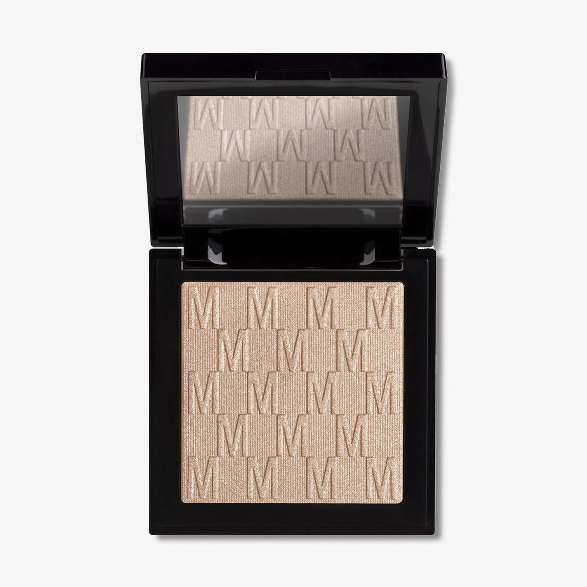 Der Lust For Shine von Mesauda Beauty Highlighter in einer quadratischen Produktschale und integriertem Spiegel im Deckel und eingeprägtem M-Muster.
