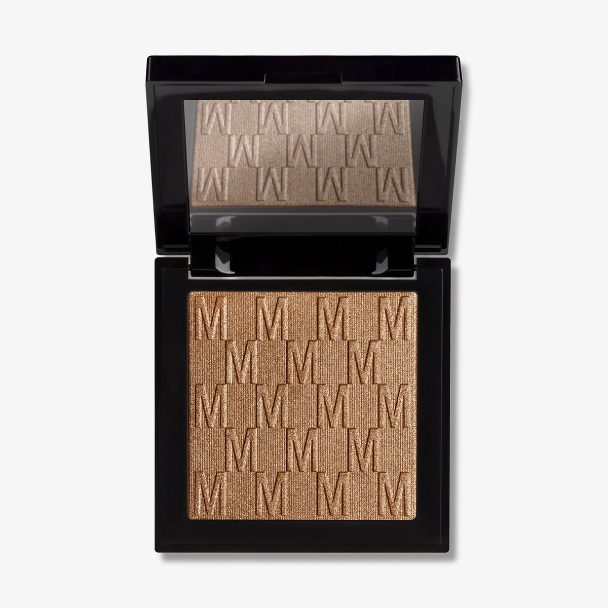 Der Lust For Shine von Mesauda Beauty Highlighter in einer quadratischen Produktschale und integriertem Spiegel im Deckel und eingeprägtem M-Muster.
