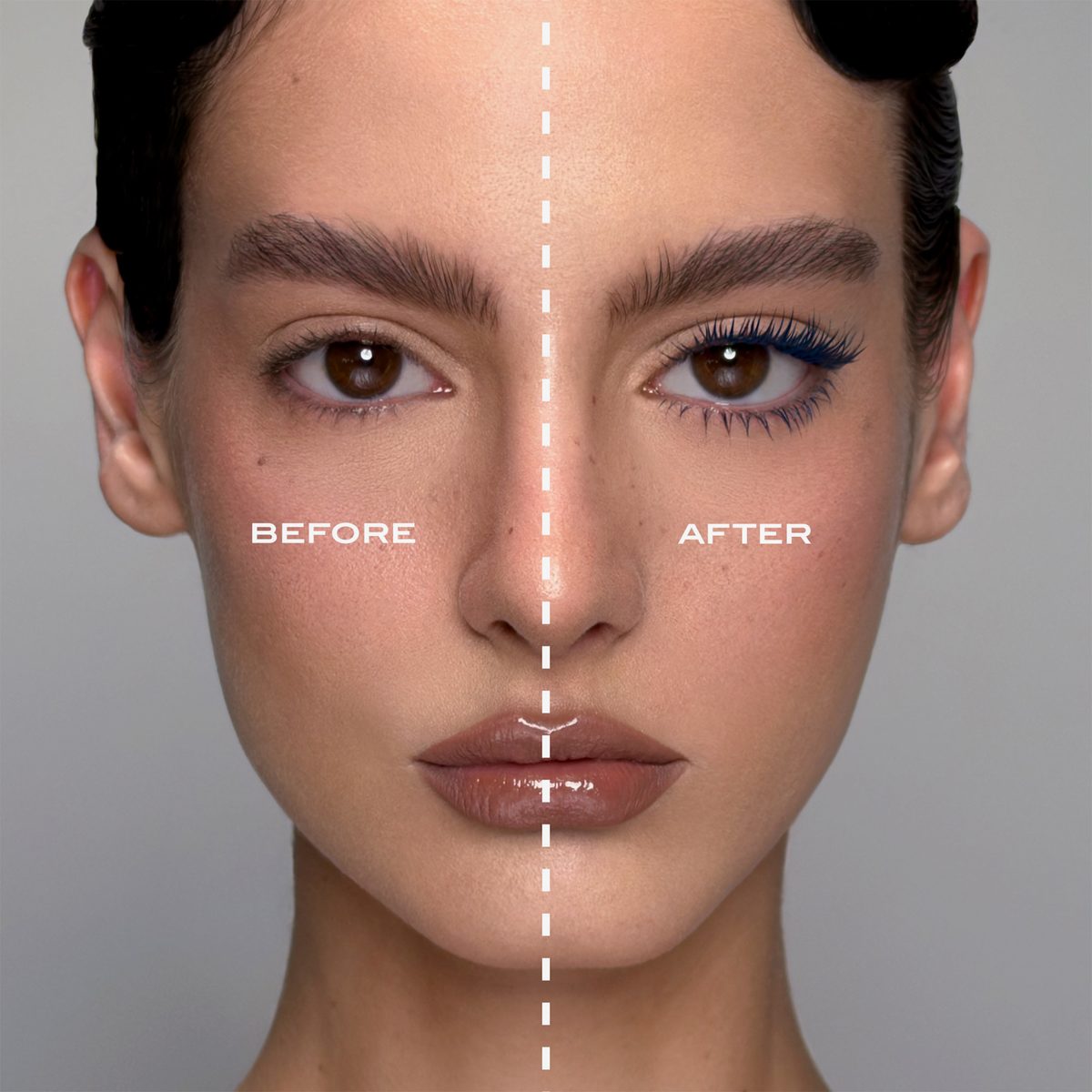 Gesicht einer Frau zeigt das rechte Auge vor und das linke Auge nach dem Auftragen von Beyond Bold Mascara von NABLA Cosmetics.