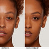 Geteiltes Bild eines Frauengesichts: linke Seite ohne Make-up, rechte Seite mit Skin Realist Tinted Balm für ein natürliches Aussehen.