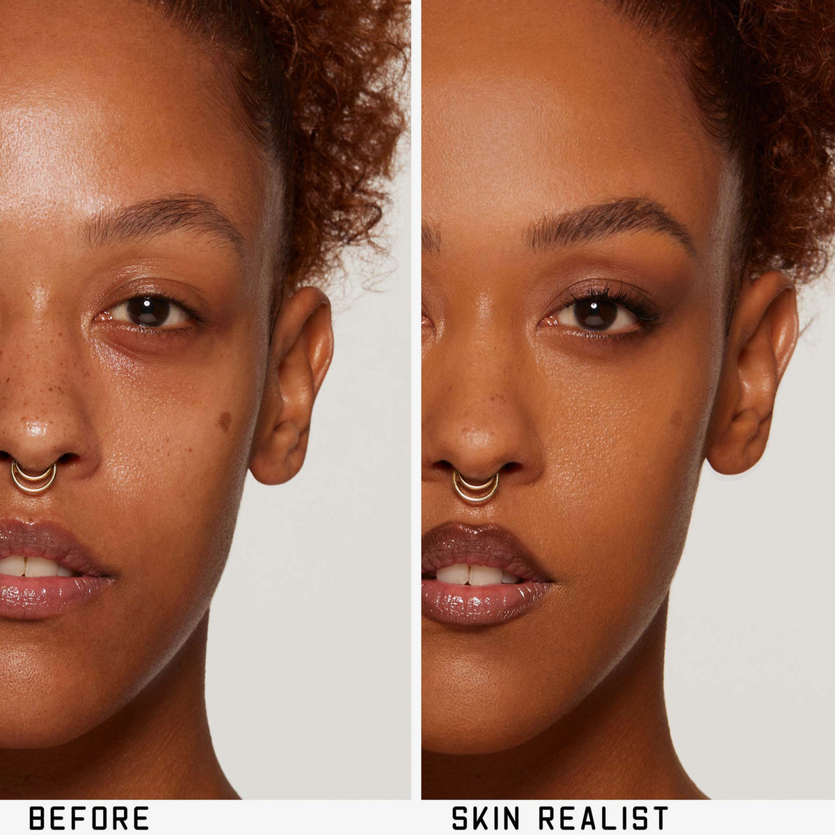 Geteiltes Bild eines Frauengesichts: linke Seite ohne Make-up, rechte Seite mit Skin Realist Tinted Balm für ein natürliches Aussehen.