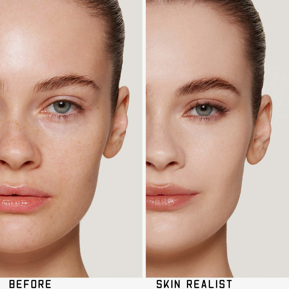 Nebeneinanderstellung des Gesichts einer Frau: vor (links) und nach dem Auftragen des Skin Realist Tinted Balm mit glatterer Haut (rechts).