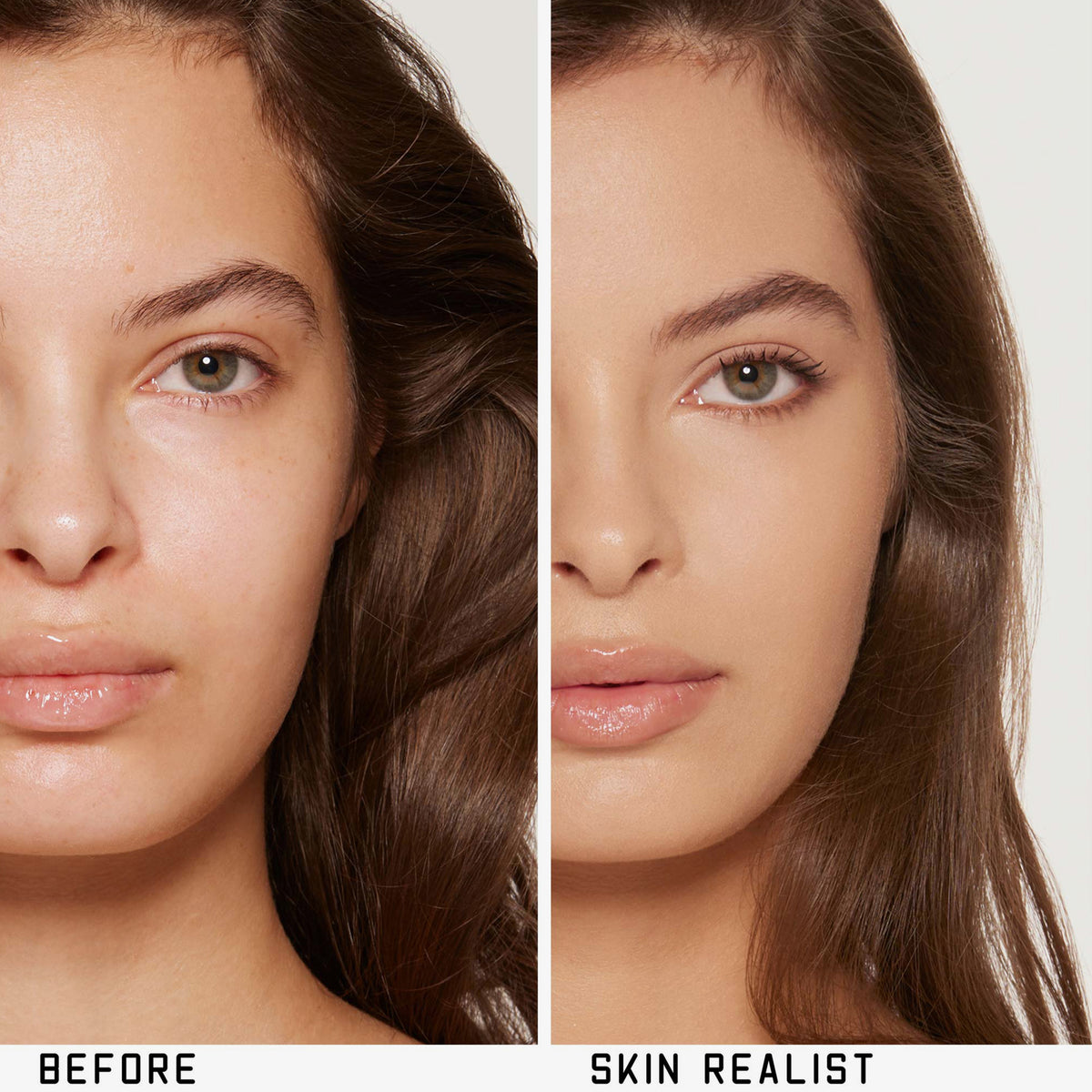 Geteiltes Bild eines Frauengesichts: linke Seite ohne Make-up, rechte Seite mit Skin Realist Tinted Balm für ein natürliches Aussehen.