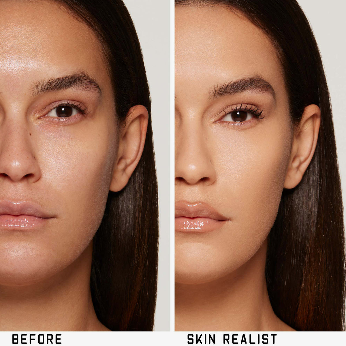 Geteiltes Bild, das das Gesicht einer Frau vor und nach dem Auftragen des getönten Balsams von Skin Realist zeigt, mit deutlich glatterer Haut im Nachher-Bild.
