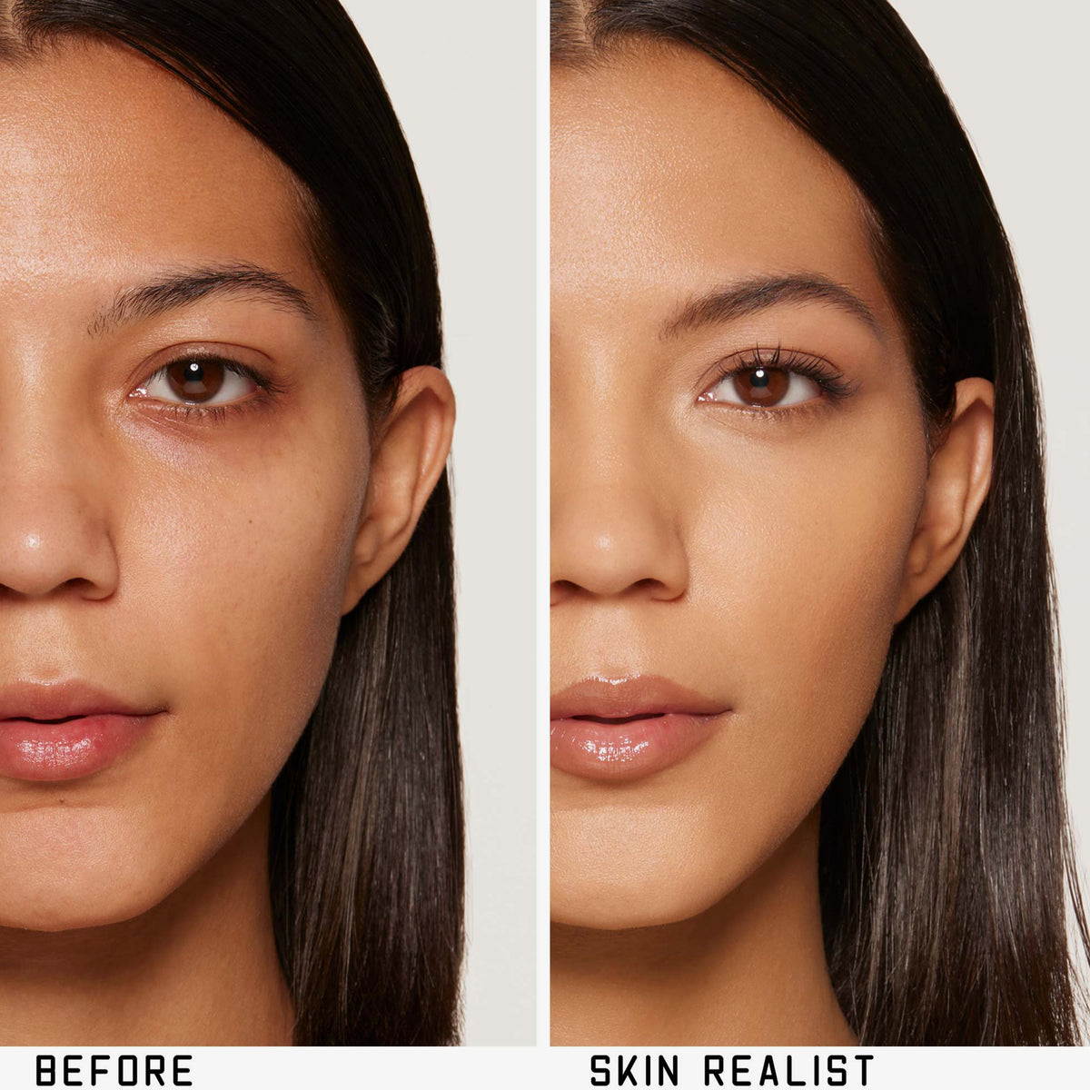 Geteiltes Bild eines Frauengesichts: linke Seite ohne Make-up, rechte Seite mit Skin Realist Tinted Balm für ein natürliches Aussehen.
