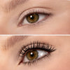 Nahaufnahme eines grünen Auges vor und nach dem Auftragen von Vicious Mascara Waterproof auf die oberen und unteren Wimpern.