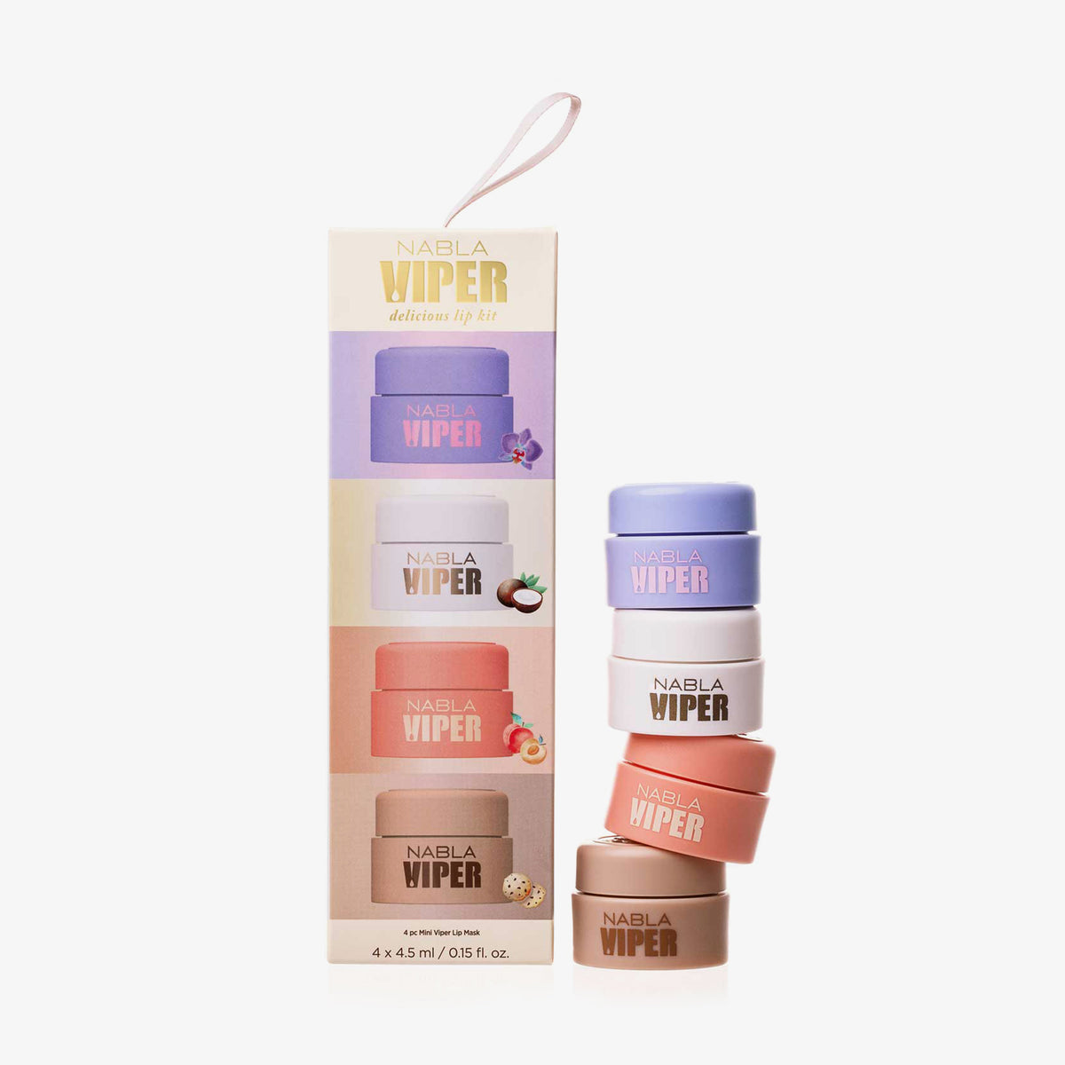 Das Viper Delicious Lip Kit ist aufrecht abgebildet und enthält vier bunte Lippenbalsamtiegel und eine passende Schachtel.