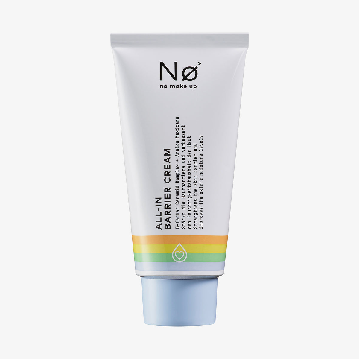 Eine weiße Tube Celebrate Tøday All-In Barrier Cream mit bunten Streifen am Boden und blauem Deckel.