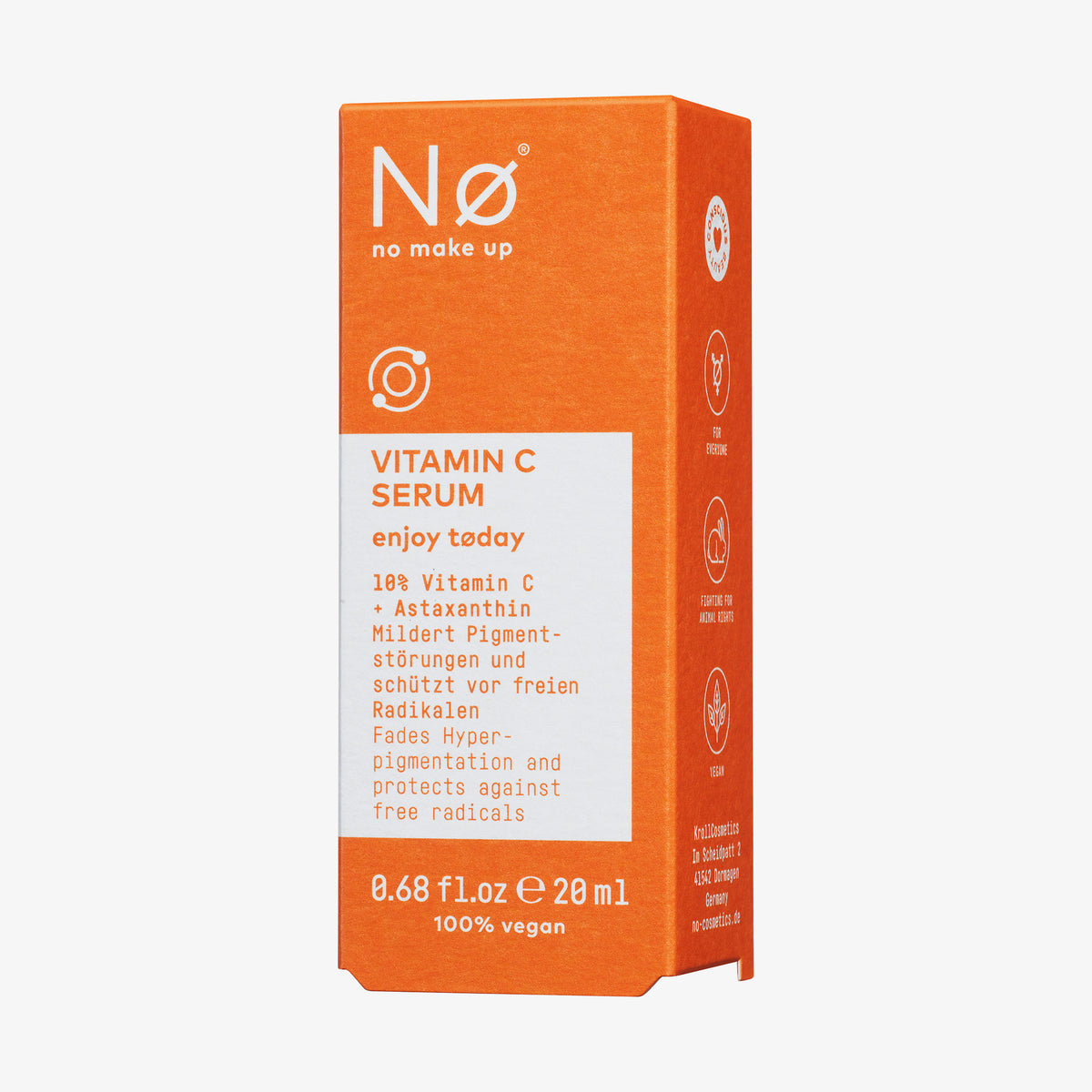 Orangefarbene Verpackung des Nø Cosmetics enjoy tøday Vitamin C Serum, 20 ml, vor weißem Hintergrund.