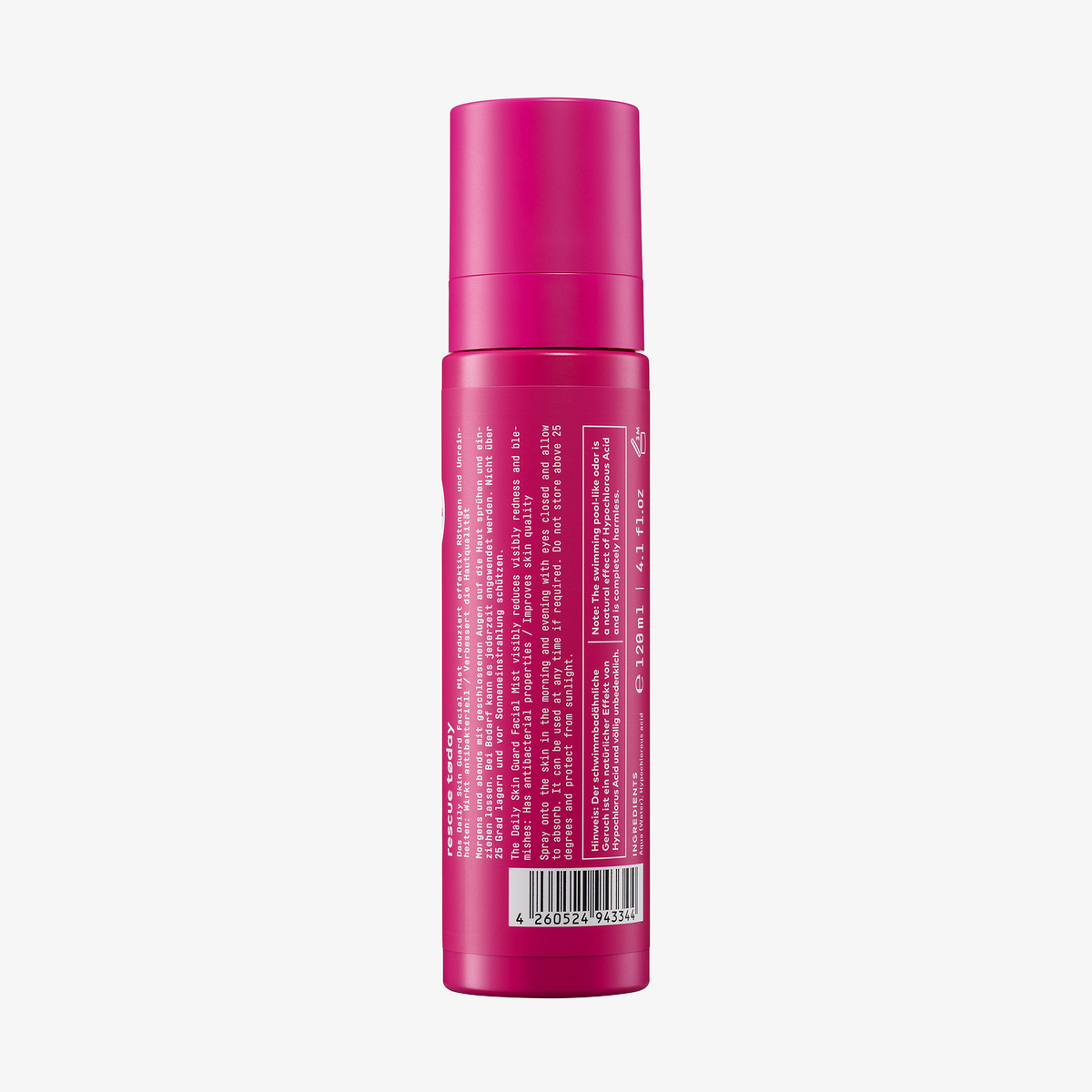 Eine leuchtend rosafarbene Flasche von Nø Cosmetics Nø rescue tøday Daily Skin Guard Facial Mist mit weißem Text und einem Strichcode auf der Rückseite, dargestellt vor einem weißen Hintergrund.