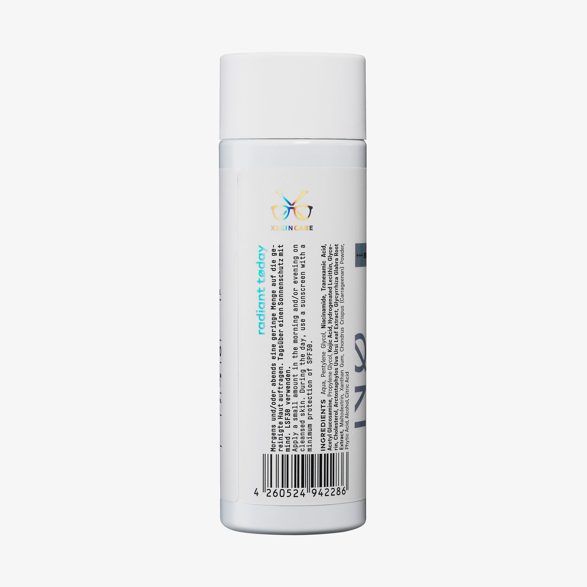Eine Seitenansicht einer strahlenden Tøday Liquid Illuminator-Flasche, weiß mit einem Barcode und einem Textetikett.