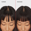 Vorher-Nachher-Bild: Frau mit schwarzen Haaren und fettigem Ansatz (links) und mattierten voluminöseren Haaren (rechts) nach  der Anwendung von N° 4D Clean Volume Detox Dry Shampoo.