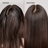 Vorher-Nachher-Bild: Braunes fettiges Haar (links) vor und mattiertes voluminöseres Haar (rechts) nach der Anwendung des N°4C Bond Maintenance Clarifying Shampoo.