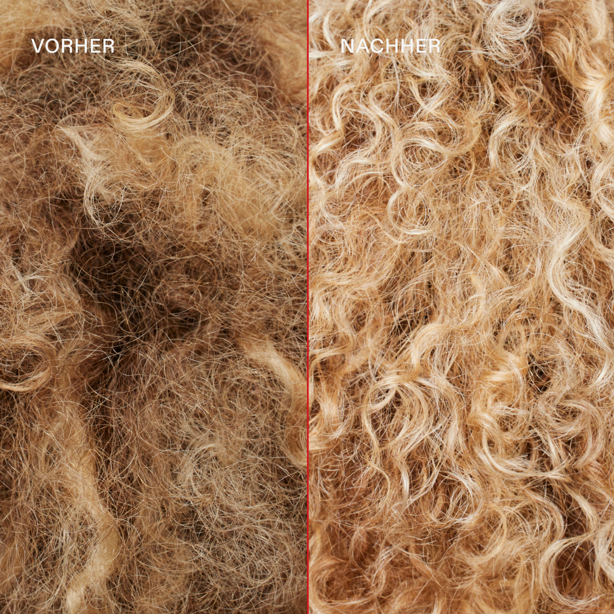 Blondiertes krauses und trockenes Haar (links) vor und farbintensives definierteres Haar (rechts) nach der Anwendung desN°4P Blond Enhancer Toning Shampoo.