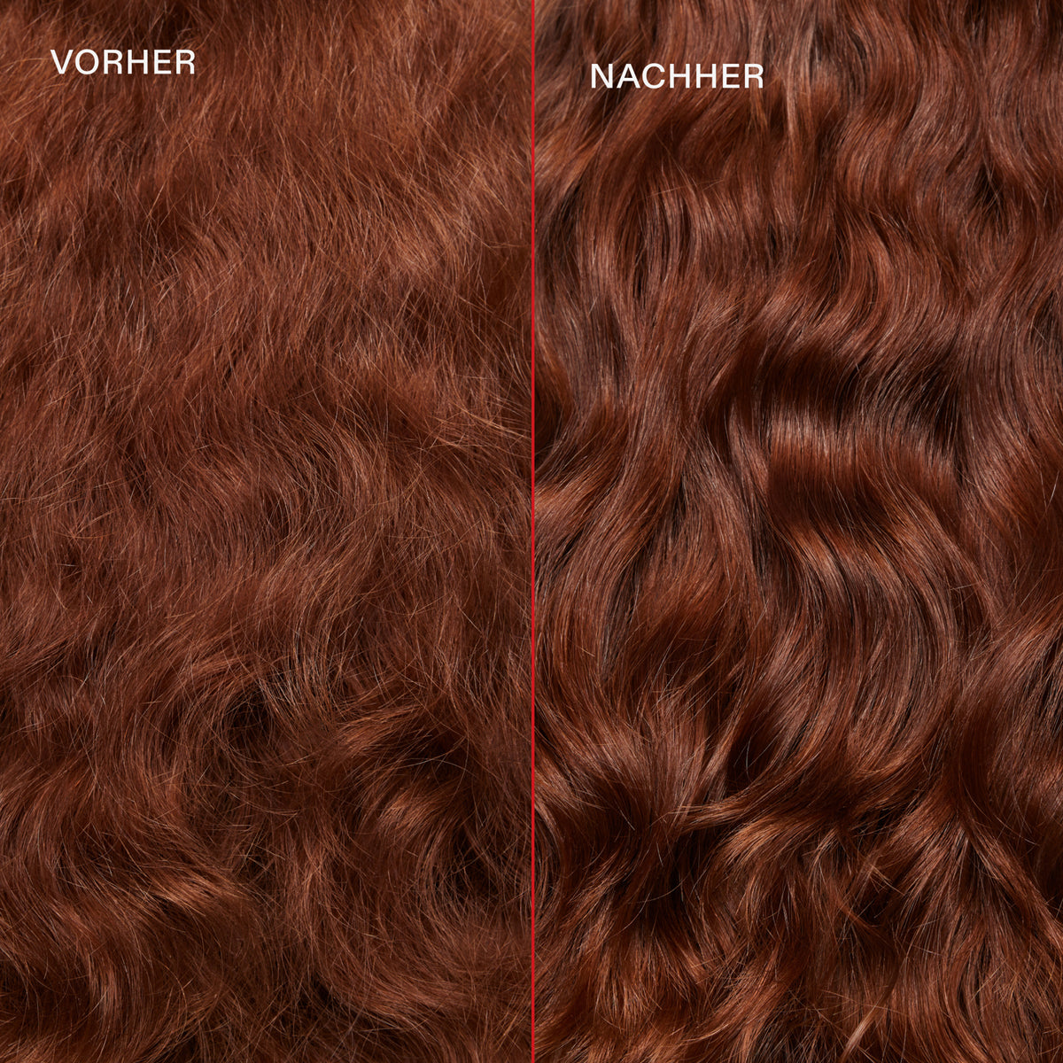 Rotes krauses Haar (links) vor und glänzendes definiertes Haar (rechts) nach der Anwendung des N°6 Bond Smoother.