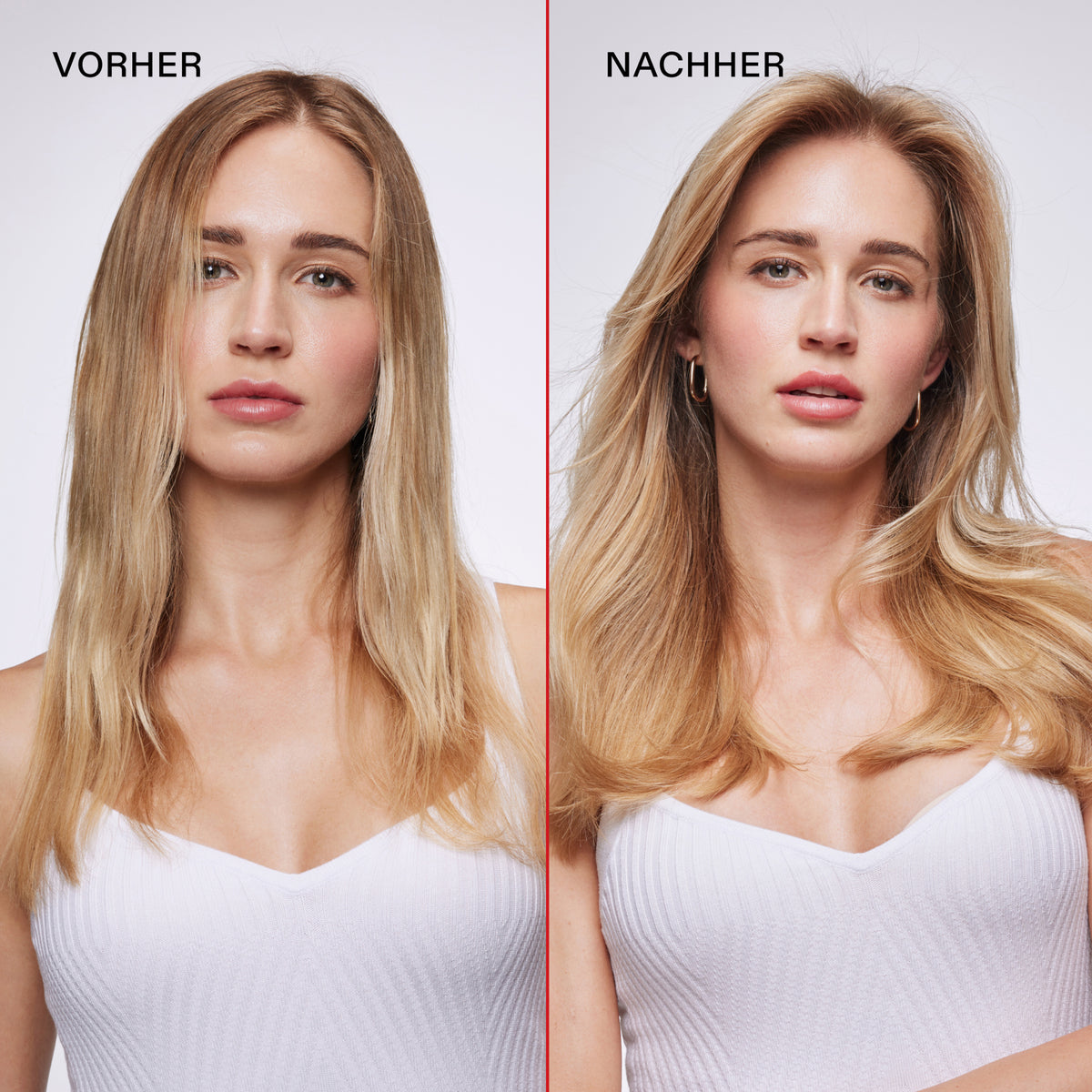 Frau mit blondem plattem Haar (links) vor und voluminöserem Haar (rechts) nach der Anwendung des Volumizing Blow Dry Mist.
