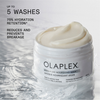 Ein geöffneter Tiegel der OLAPLEX Weightless Nourishing Mask enthüllt seine cremige Textur; daneben die pflegenden Eigenschaften der Maske.
