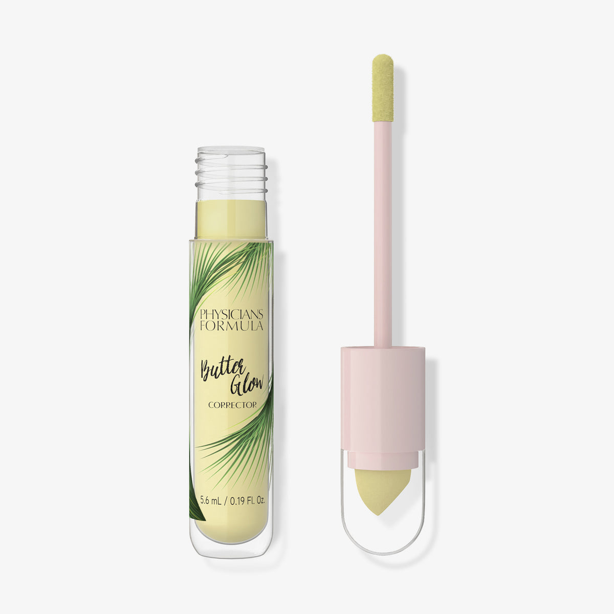 Geöffnete Tube Physicians Formula Butter Glow Corrector in Gelb mit Applikator daneben.