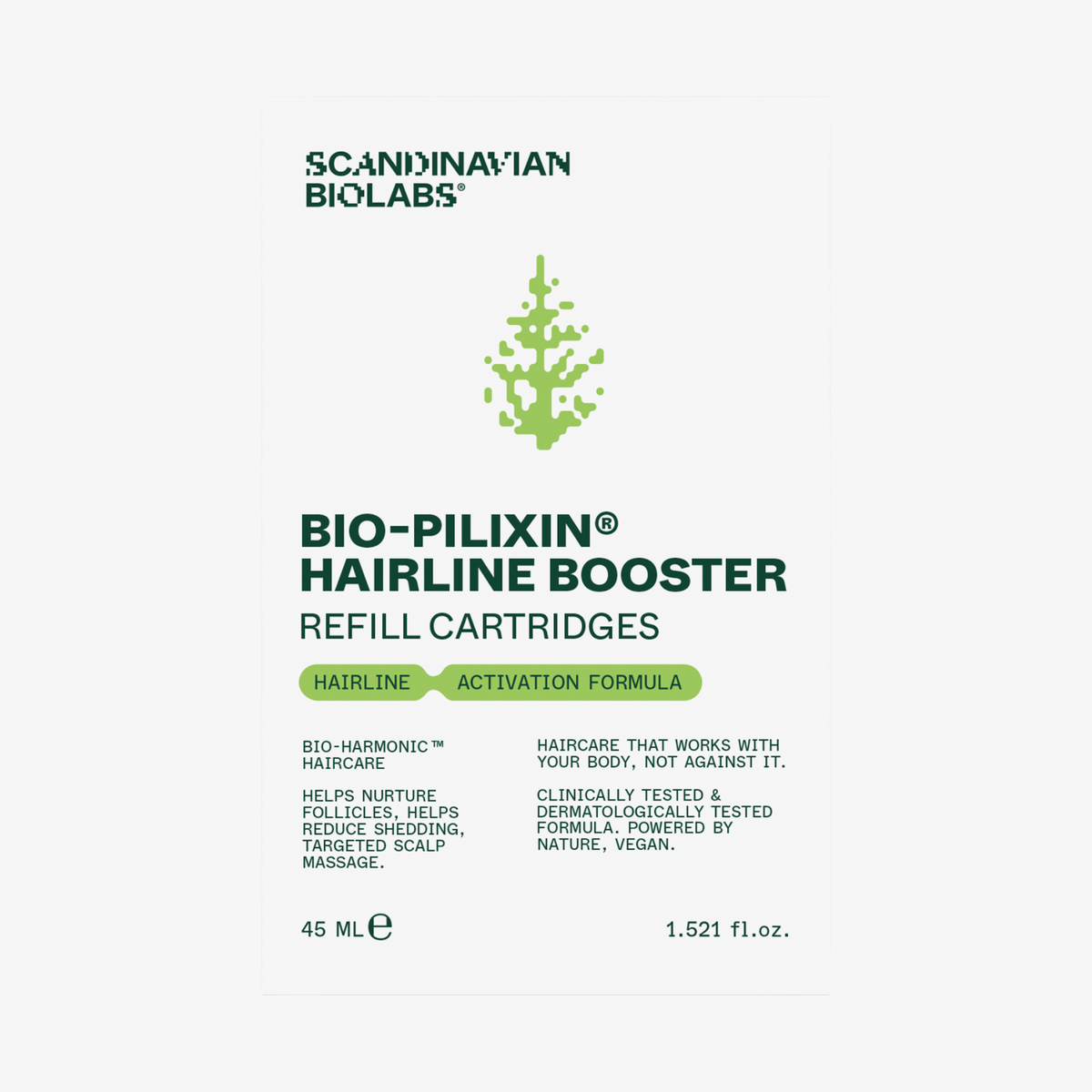 Verpackung der Scandinavian Biolabs Bio-Pilixin Hairline Booster Refill Cartridges 3 Pack für die gezielte Pflege am Haaransatz.