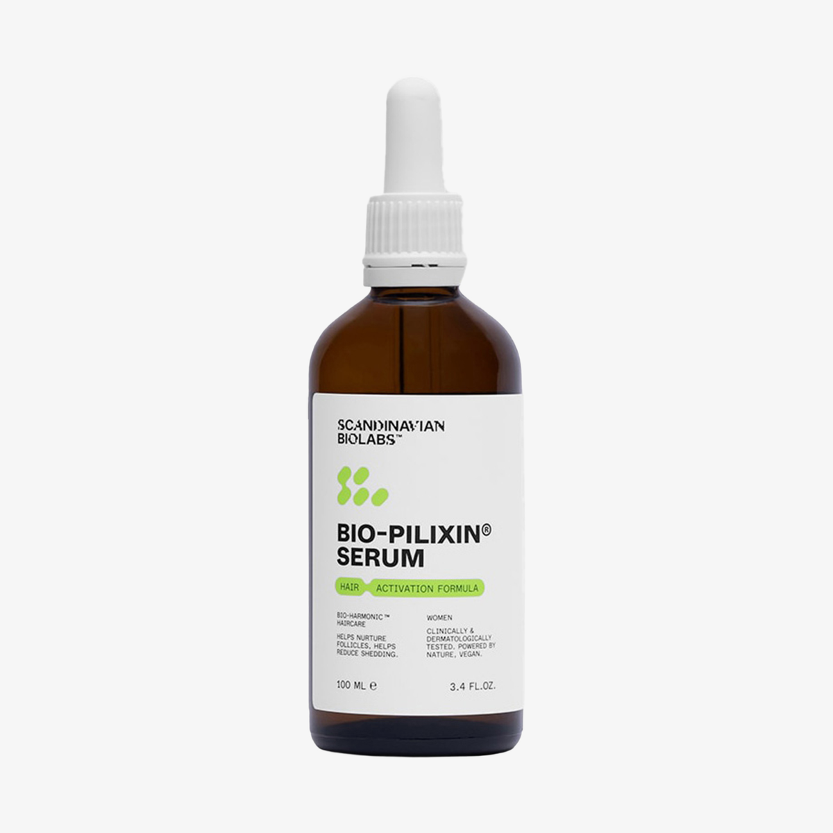 Eine braune Tropfflasche mit der Aufschrift "Bio-Pilixin® Serum+" von Scandinavian Biolabs ist auf einem weißen Hintergrund abgebildet.