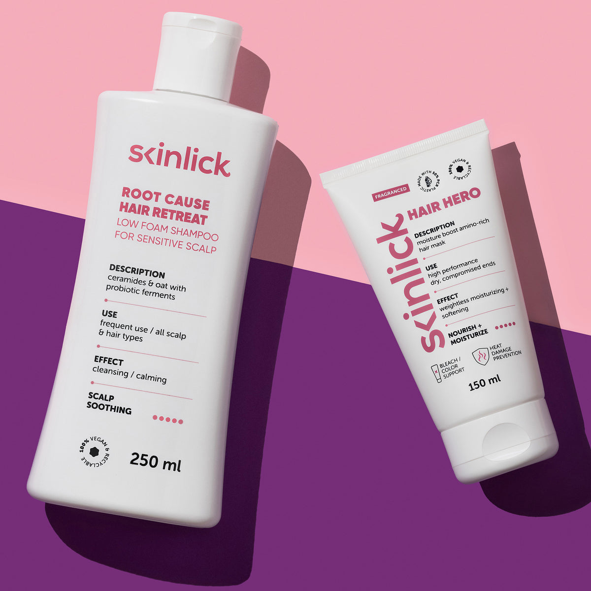 Zwei Skinlick-Produkte auf rosa-lila Hintergrund: Root Cause Hair Retreat Shampoo (250 ml) und Hair Hero Maske (150 ml) für Kopfhaut und Haarpflege.